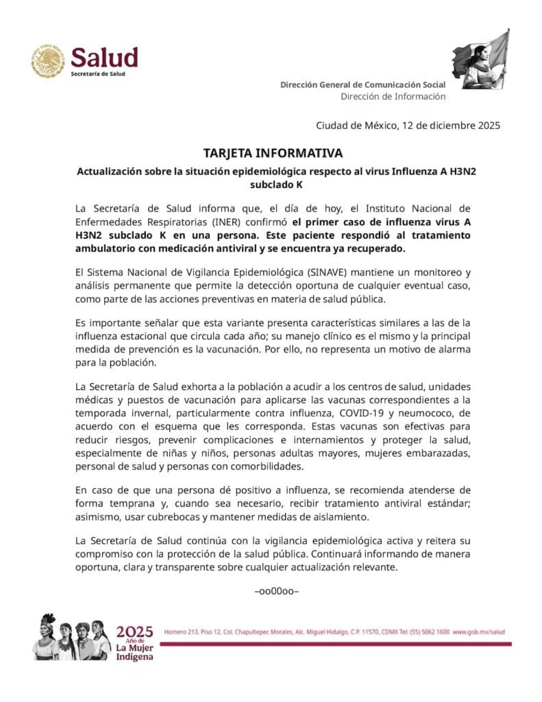 Comunicado Secretaría de Salud: Influenza H3N2